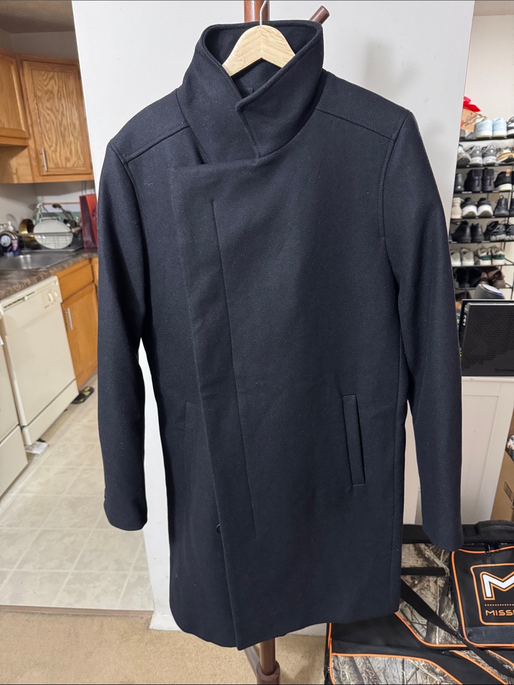 All Saints Black Wool High-Neck Pea Coat